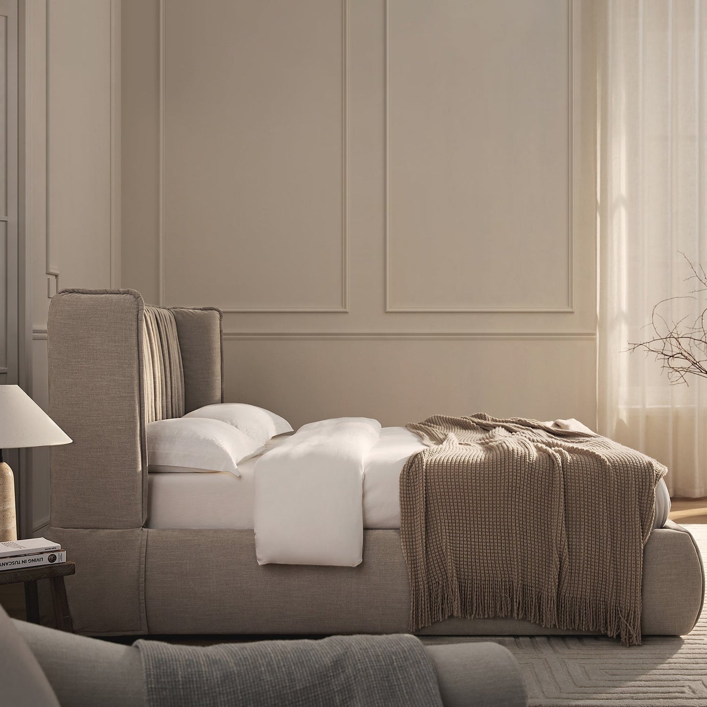 Astrid Ruched Wingback Bed, Oatmeal Chenille