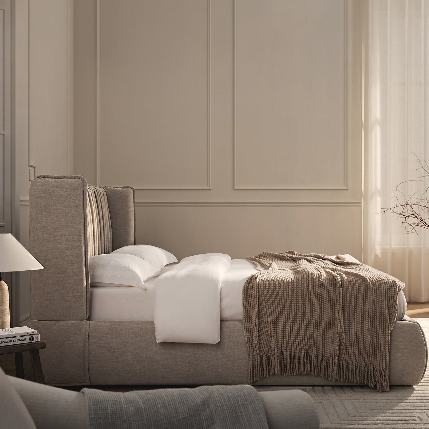 Astrid Ruched Wingback Bed, Oatmeal Chenille