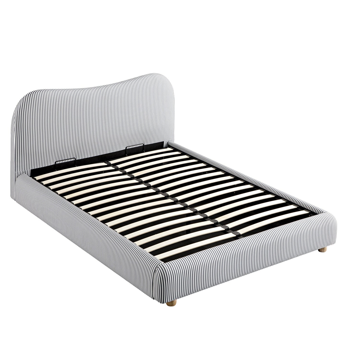 Egerie Curved Headboard Slate Blue Striped Fabric Ottoman Bed with Storage