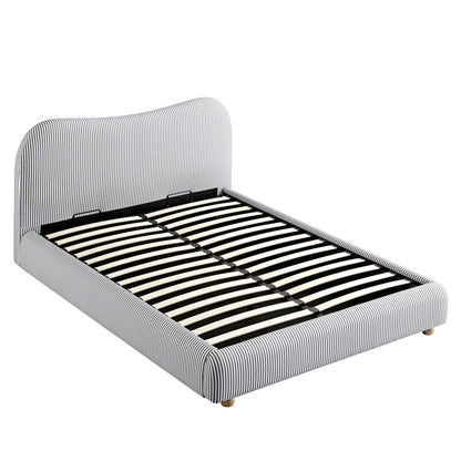 Egerie Curved Headboard Slate Blue Striped Fabric Ottoman Bed with Storage