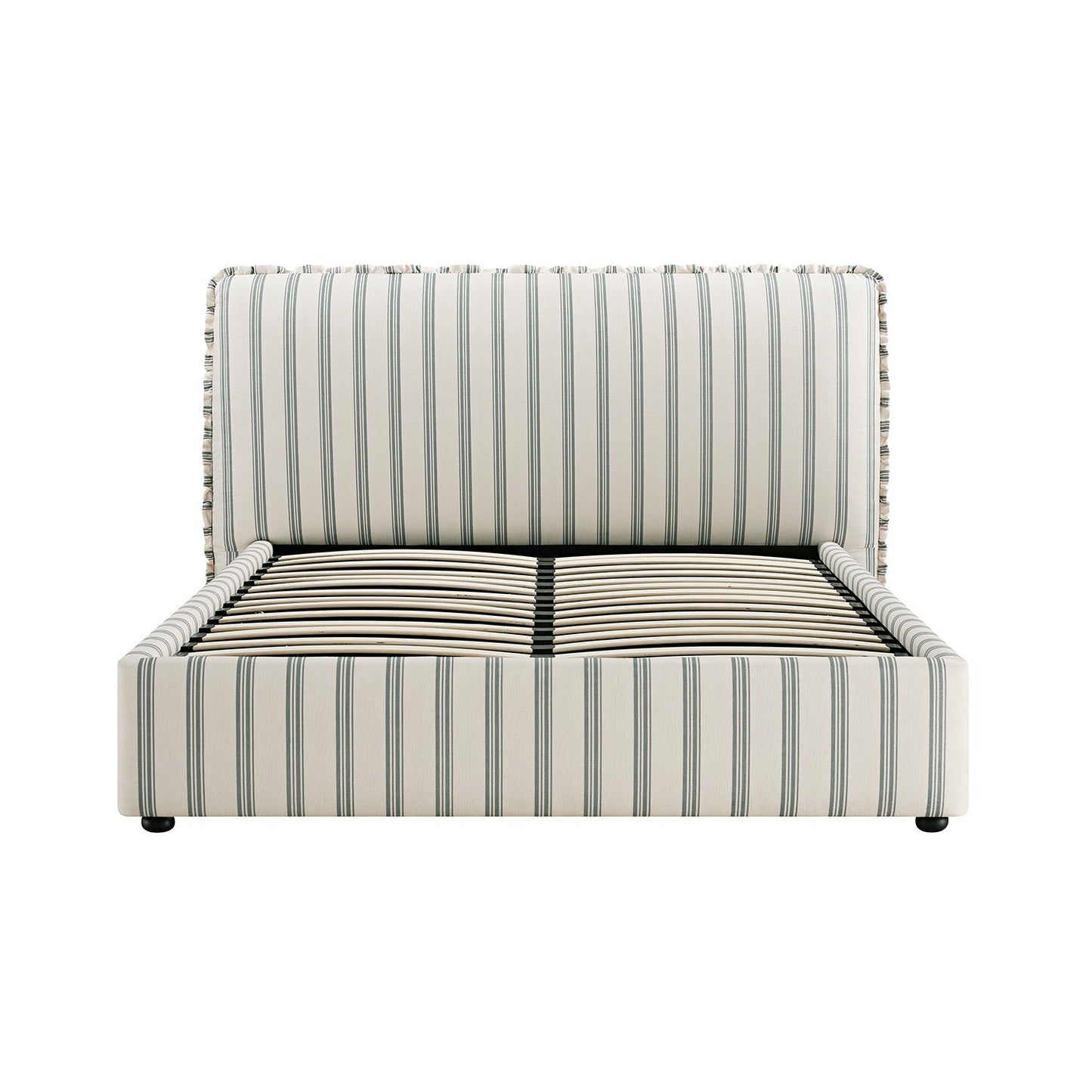 Celeste Upholstered Bed with Storage with Ruffled Headboard, Laurel Green Stripe