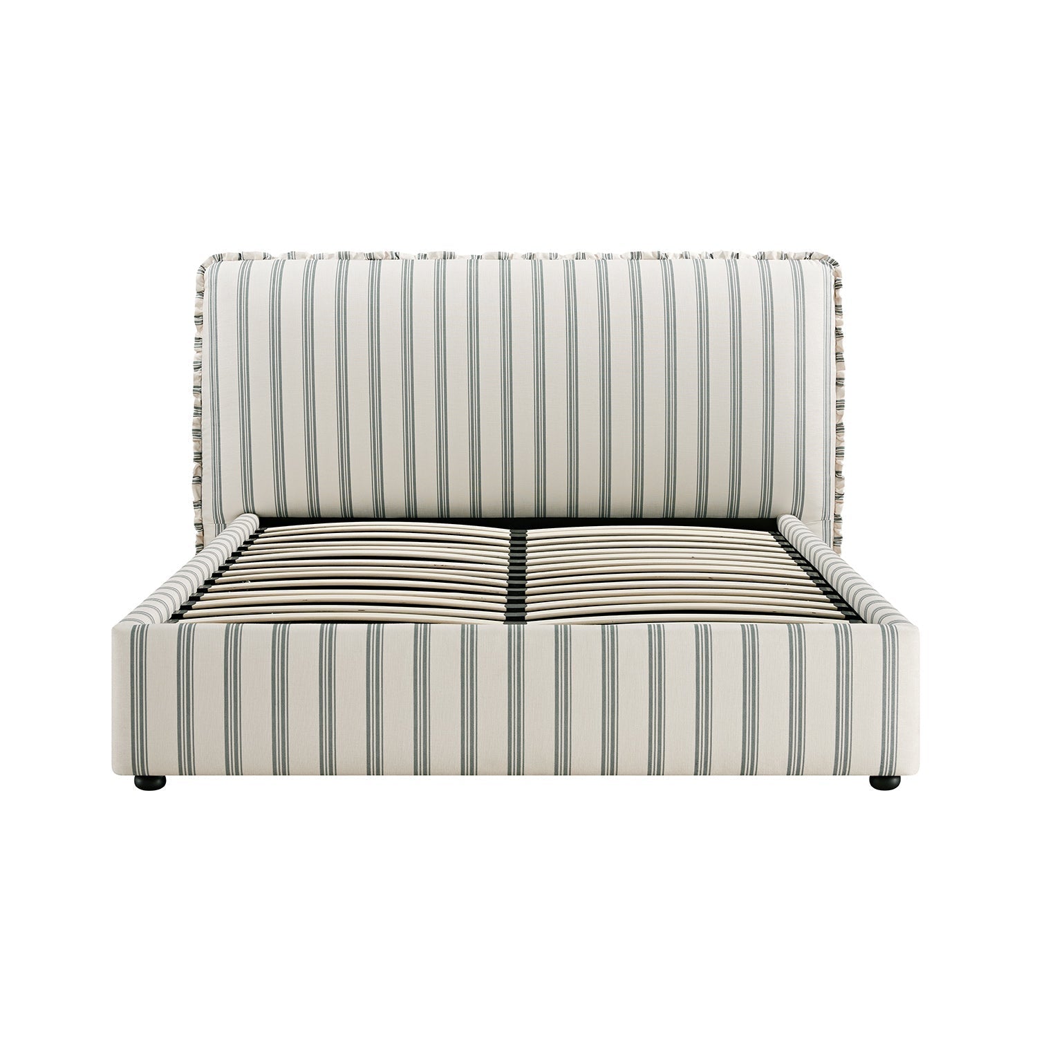 Celeste Upholstered Bed with Storage with Ruffled Headboard, Laurel Green Stripe