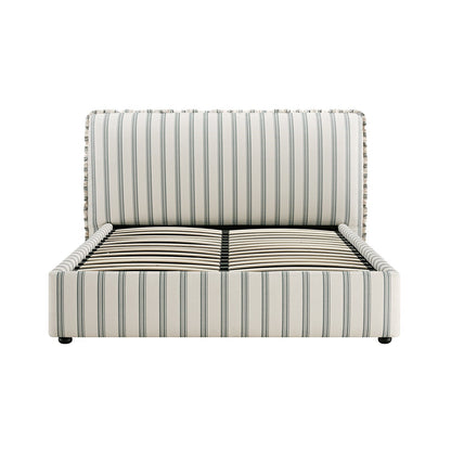 Celeste Upholstered Bed with Storage with Ruffled Headboard, Laurel Green Stripe