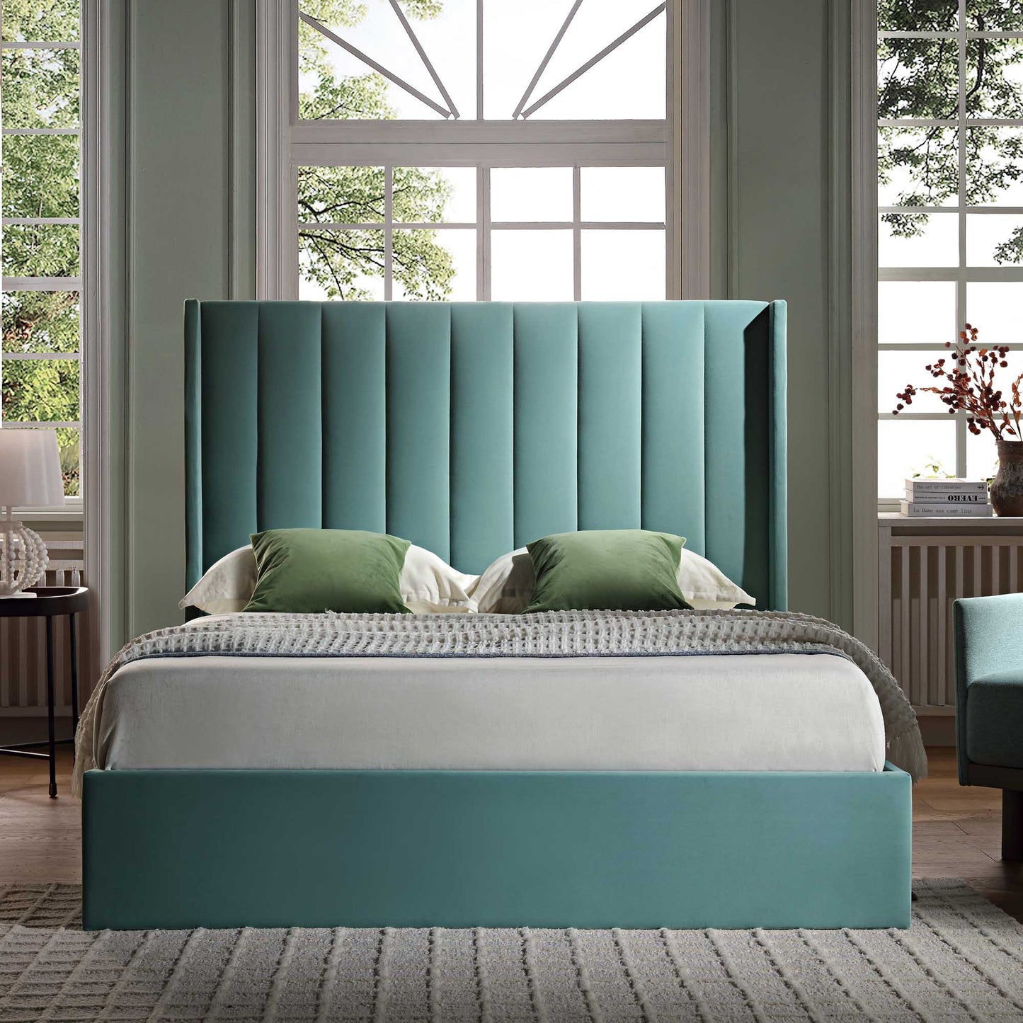 Wilton Seafoam Blue Velvet Ottoman Bed with Storage