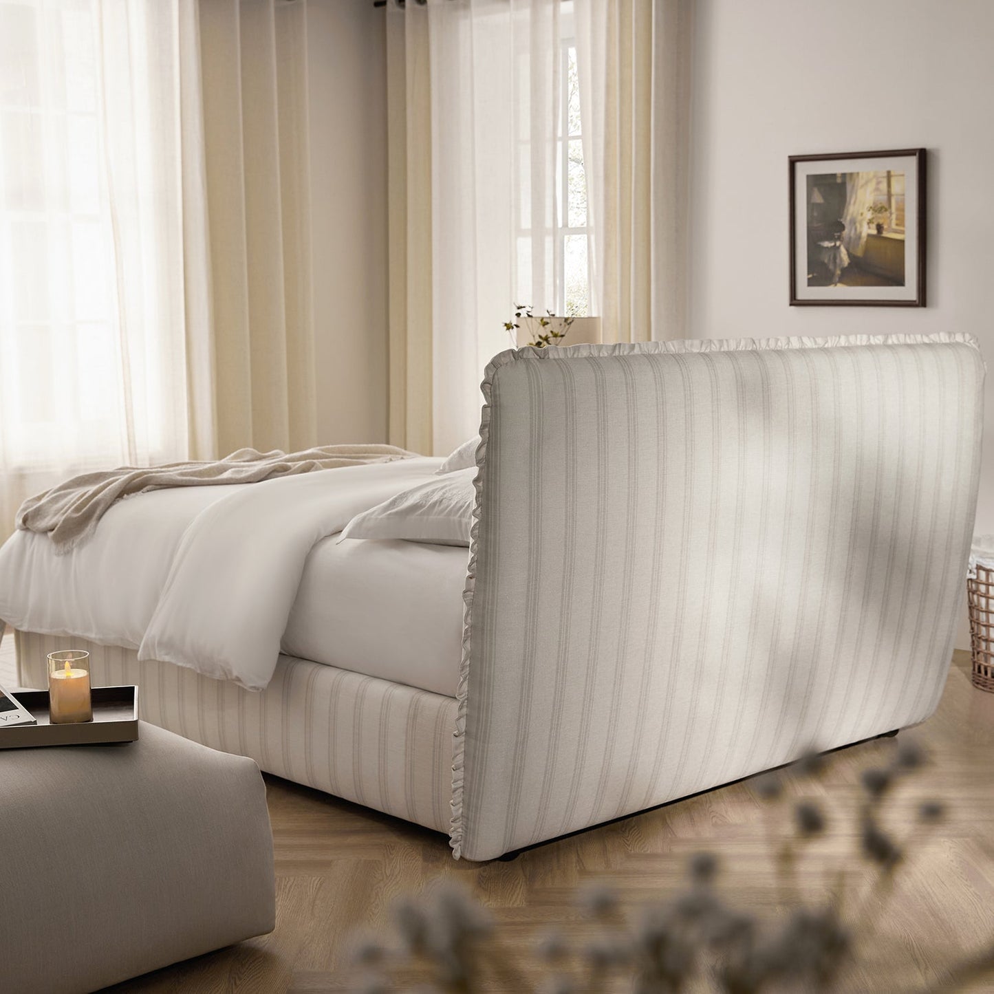 Celeste Upholstered Bed with Storage with Ruffled Headboard, Seashell Stripe