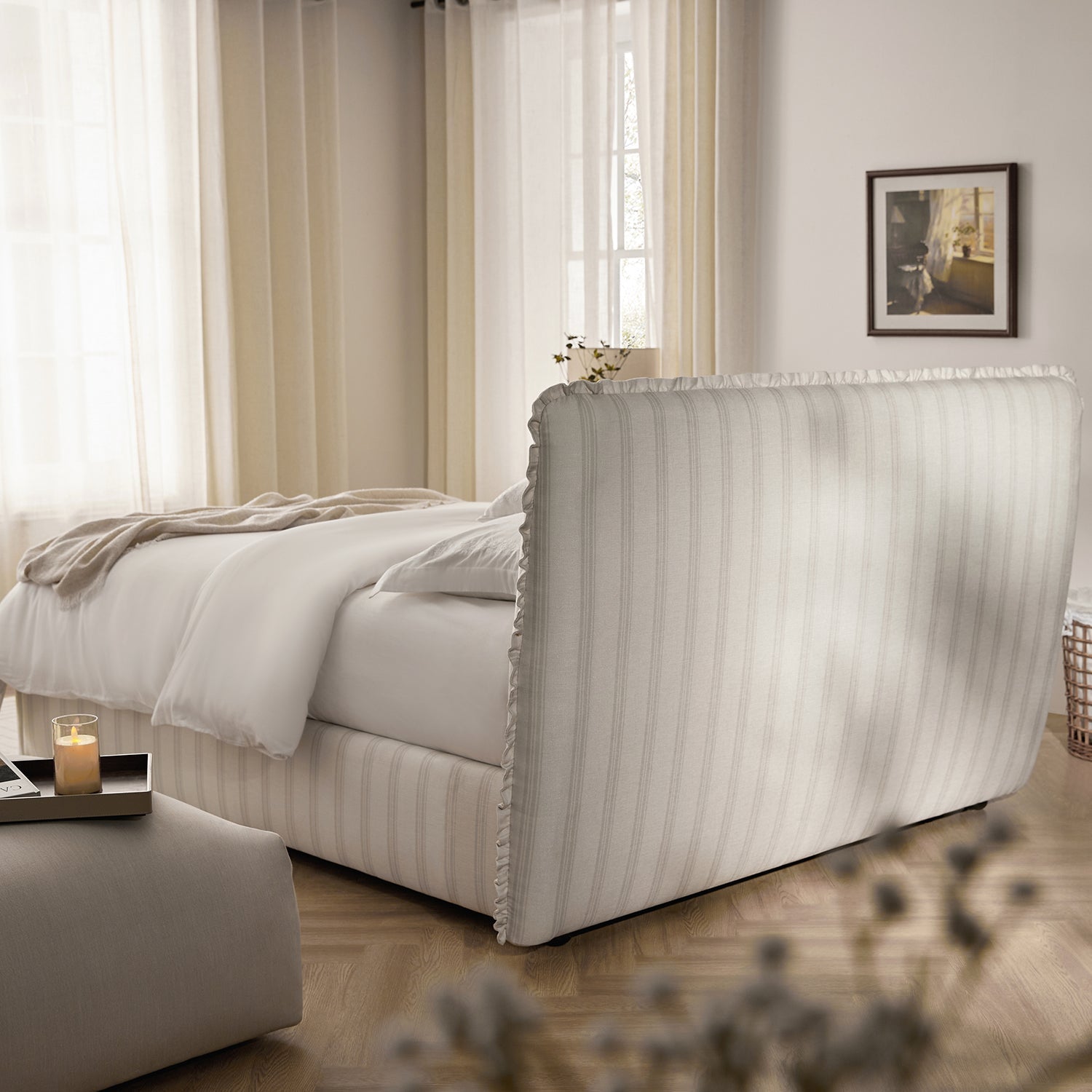 Celeste Upholstered Bed with Storage with Ruffled Headboard, Seashell Stripe