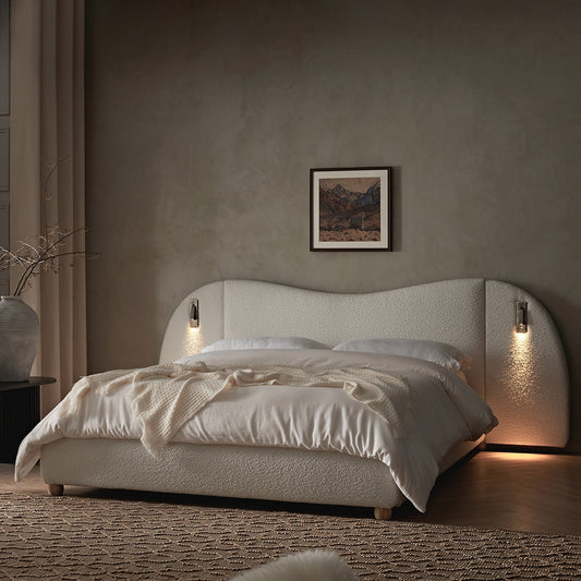 Egerie Extended Headboard Ottoman Bed with Storage, Beige Boucle