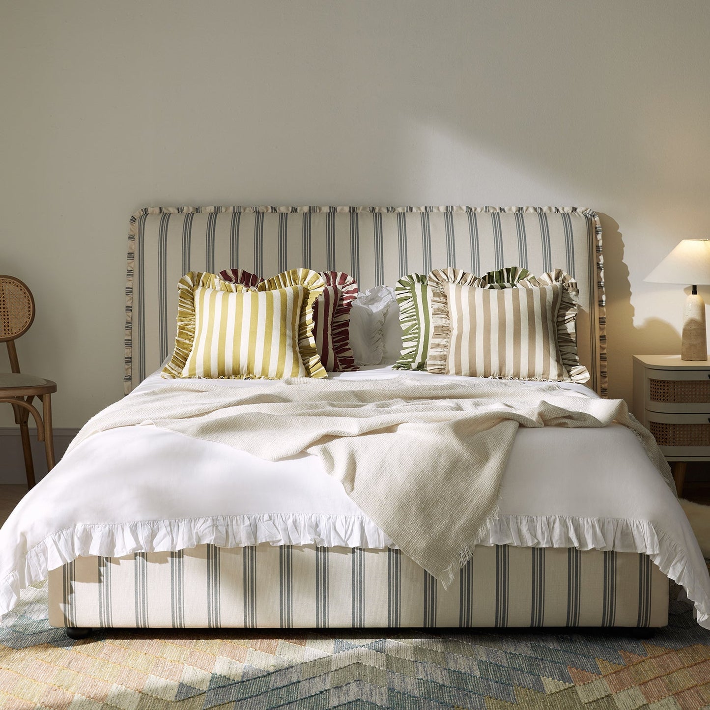 Celeste Upholstered Bed with Storage with Ruffled Headboard, Laurel Green Stripe
