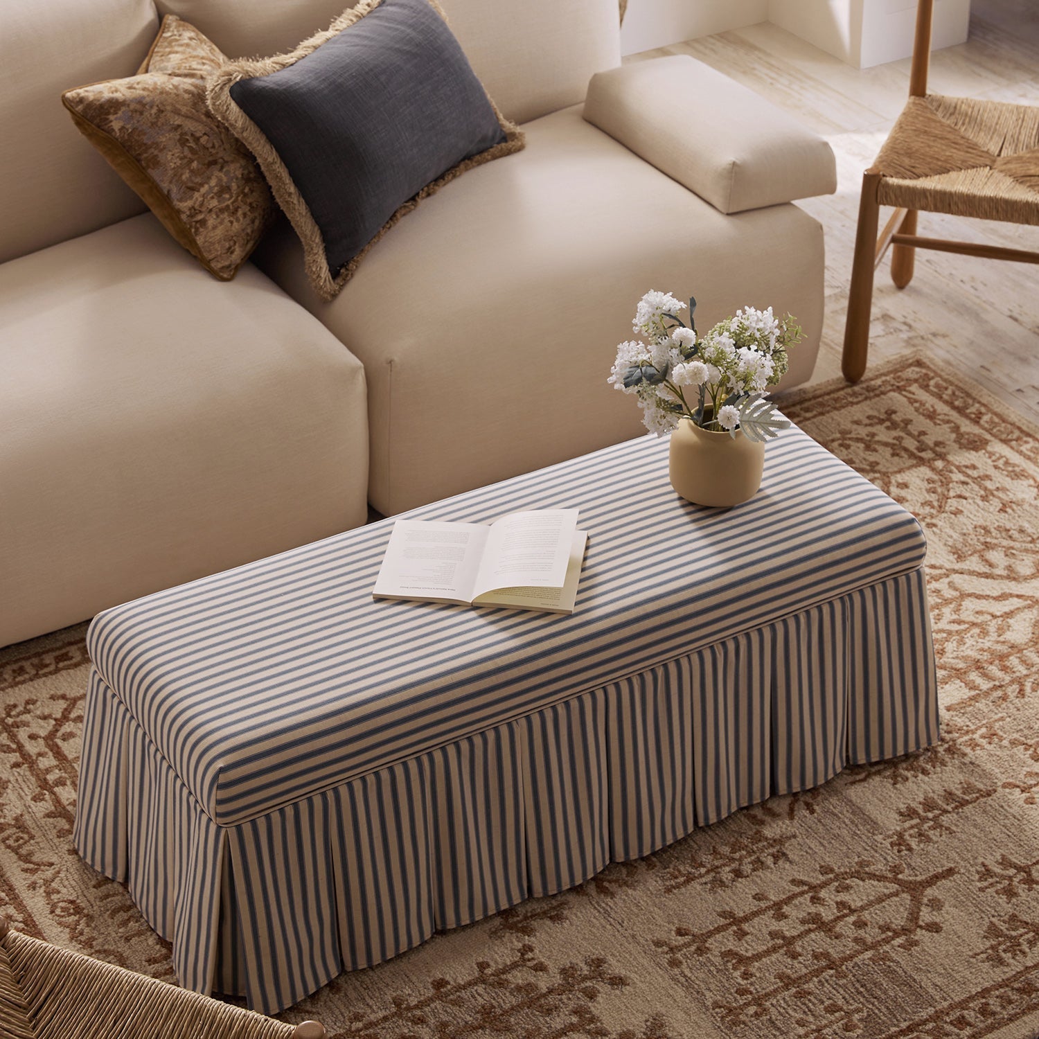 Egerton Box-Pleat Storage Bench, Blue Striped Linen