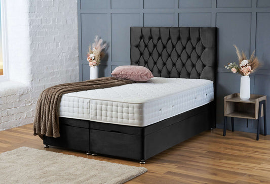 Mia Ottoman Bed with Storage with Headboard – End Lift Divan Base – Black Plush Velvet