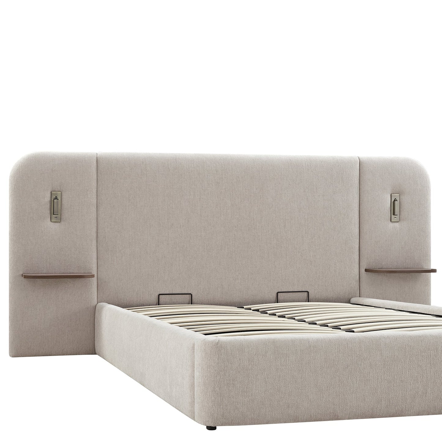 Della Extended Headboard Bed with Storage, Soft Beige Chenille