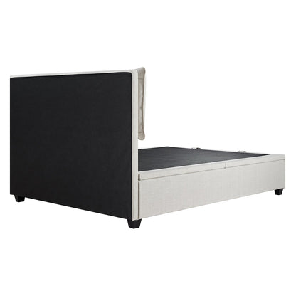 Kricia Upholstered Bed with Storage with Pillow Headboard, Oatmeal Chevron