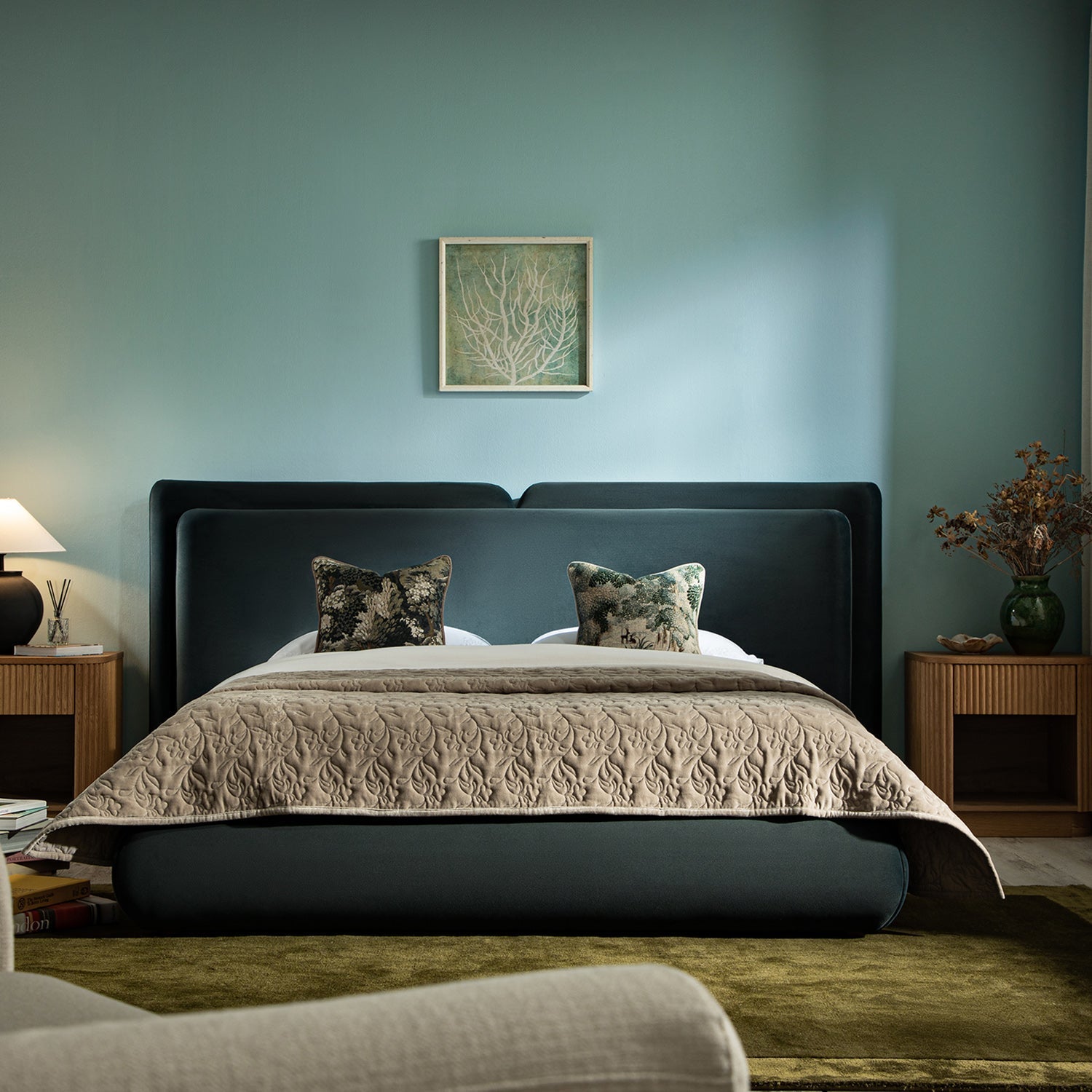 Jolene Layered Wingback Bed with Storage, Aegean Blue Velvet
