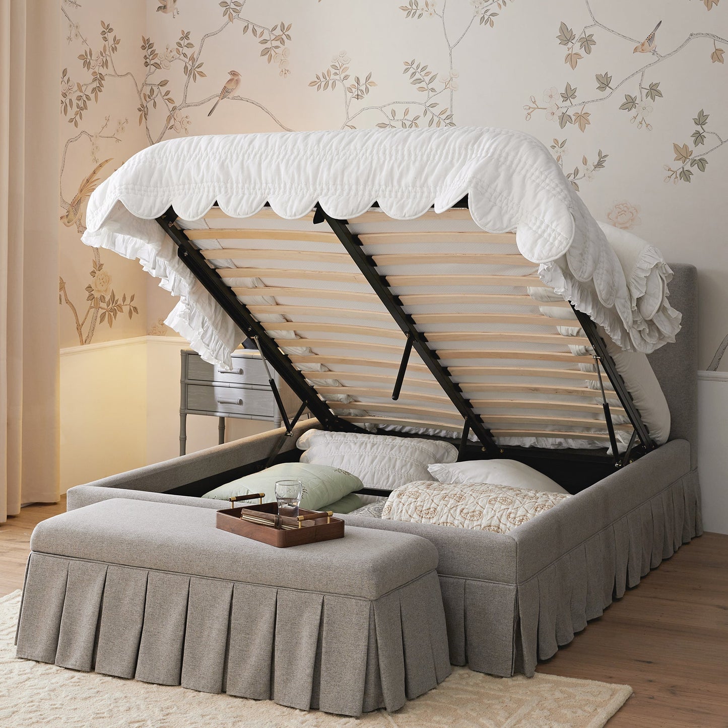 Egerton Box-Pleat Ottoman Bed with Storage, Stone Brushed Fabric