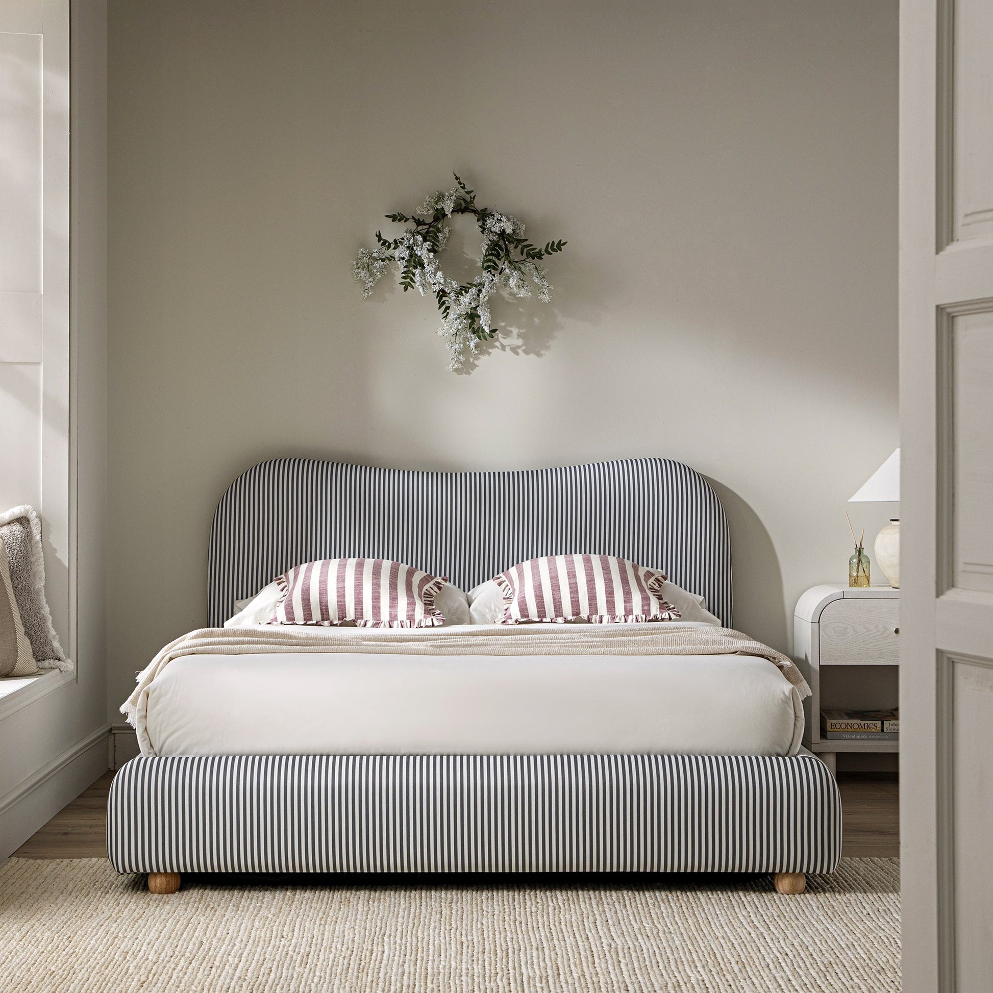 Egerie Curved Headboard Slate Blue Striped Fabric Ottoman Bed with Storage
