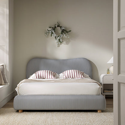 Egerie Curved Headboard Slate Blue Striped Fabric Ottoman Bed with Storage