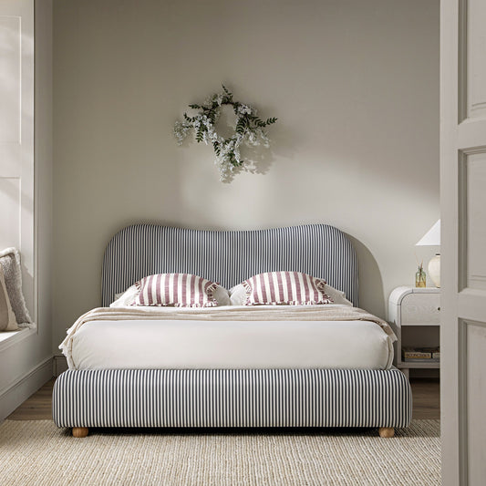 Egerie Curved Headboard Slate Blue Striped Fabric Ottoman Bed with Storage