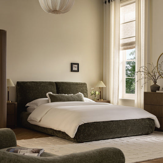 Thera Pillow Headboard Upholstered Bed, Moss Green Chenille