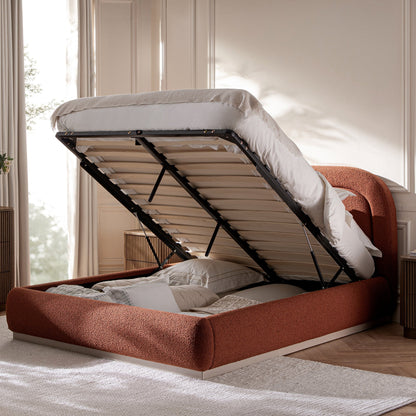 Luella Upholstered Wooden Plinth Base Bed with Storage, Rust Boucle