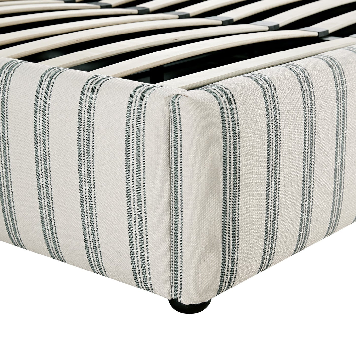Celeste Upholstered Bed with Storage with Ruffled Headboard, Laurel Green Stripe