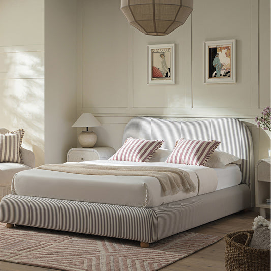 Egerie Curved Headboard Light Taupe Striped Fabric Ottoman Bed with Storage