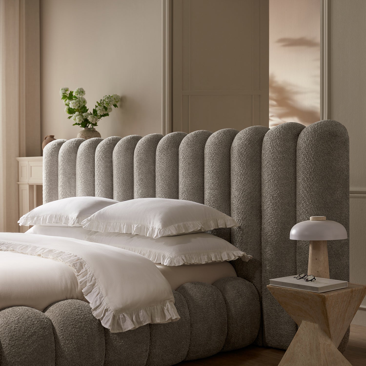 Sebastian Grand Bed with Storage, Stone Teddy Bouclé