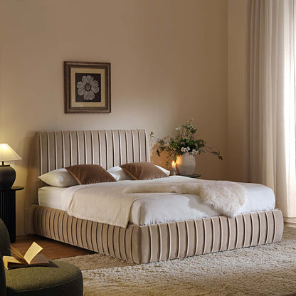 Helia Pleated Ottoman Bed with Storage, Taupe Velvet