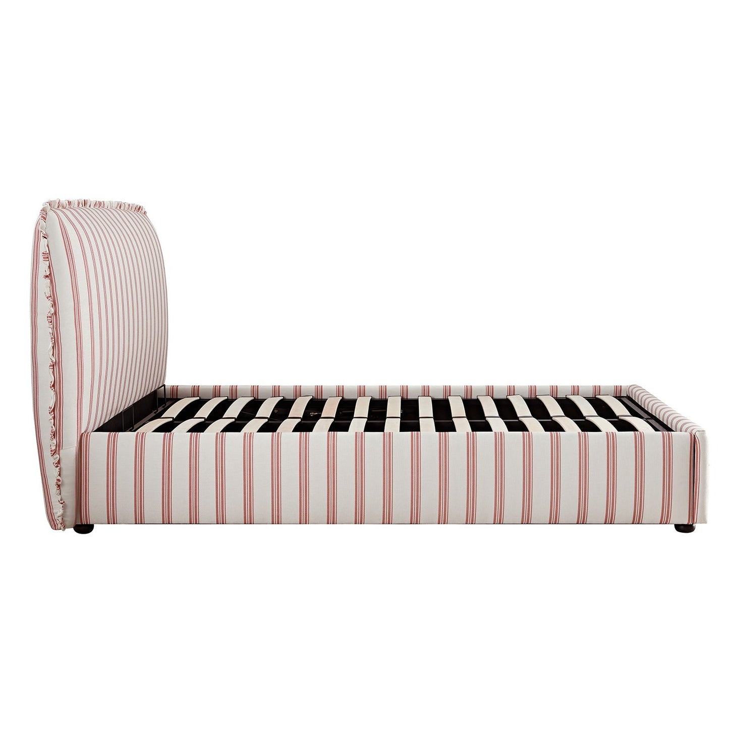 Celeste Upholstered Bed with Storage with Ruffled Headboard, Peony Red Stripe