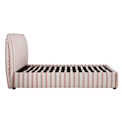 Celeste Upholstered Bed with Storage with Ruffled Headboard, Peony Red Stripe