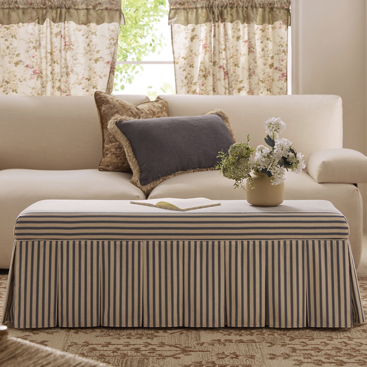 Egerton Box-Pleat Storage Bench, Blue Striped Linen