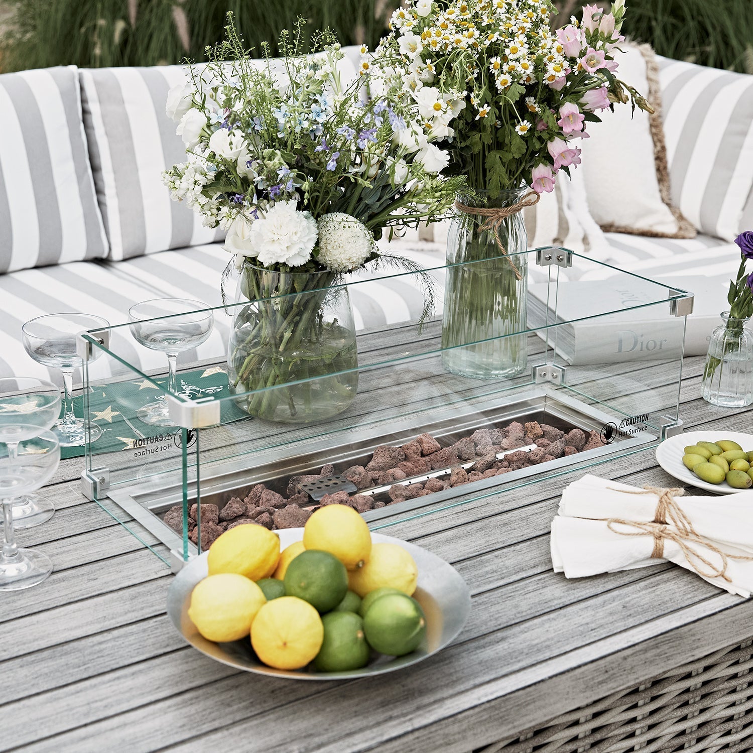 Bellagio Round Wicker Large Corner Casual Dining Set with Rising Firepit Table, Light Grey with Taupe Stripes
