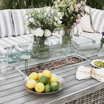 Bellagio Round Wicker Large Corner Casual Dining Set with Rising Firepit Table, Light Grey with Taupe Stripes