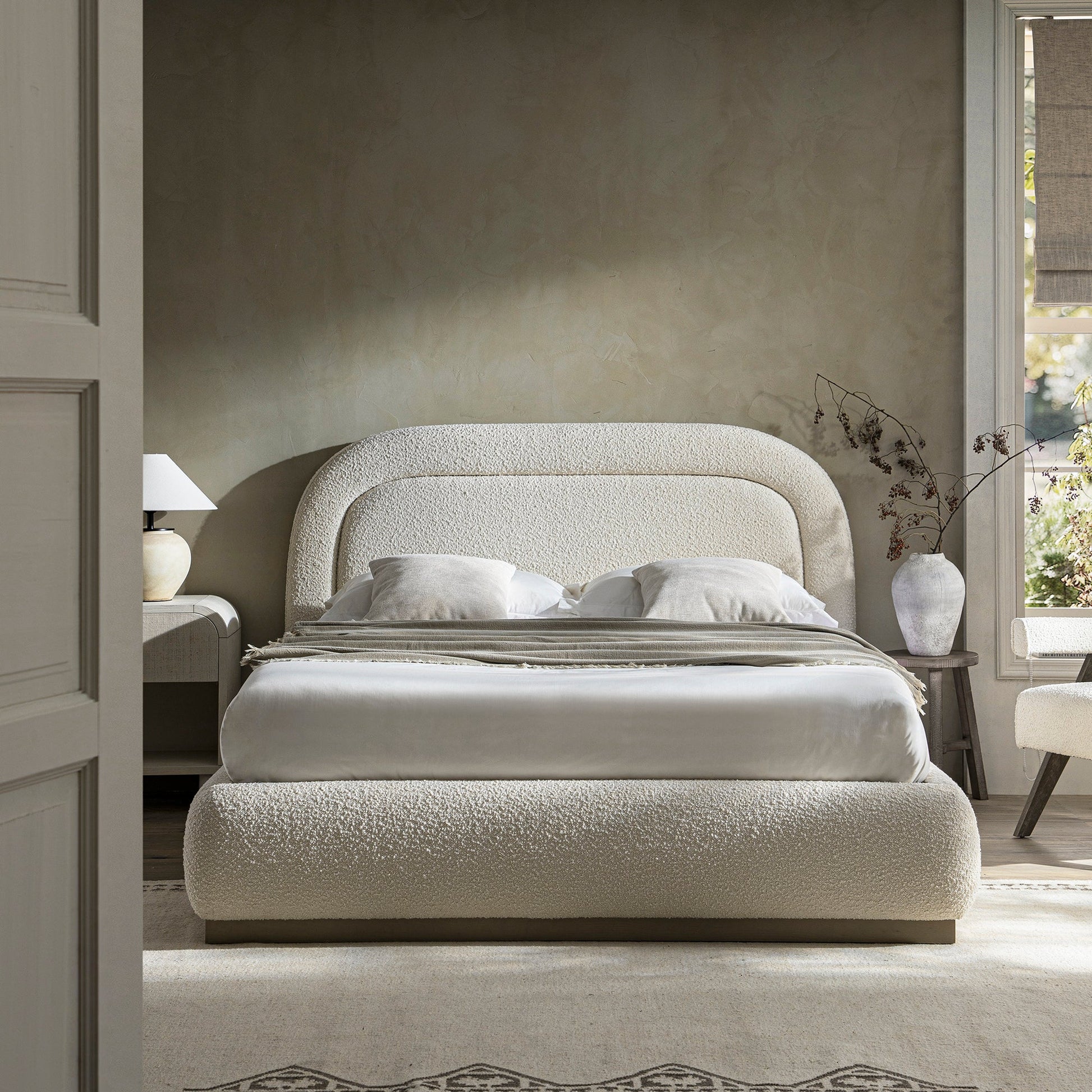 Luella Upholstered Wooden Plinth Base Bed with Storage, Ecru Boucle