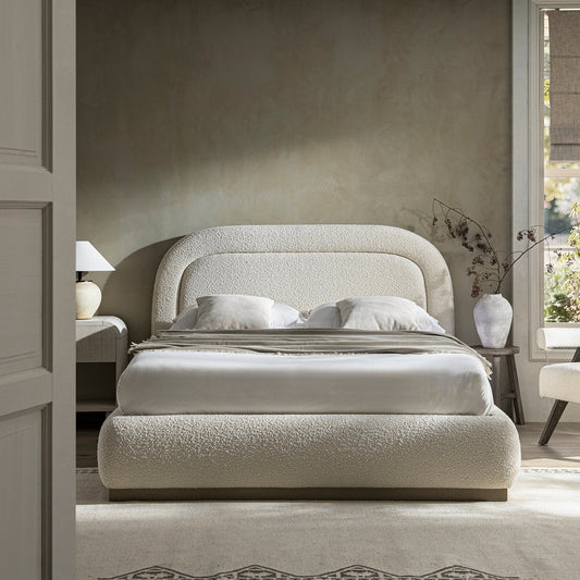 Luella Upholstered Wooden Plinth Base Bed with Storage, Ecru Boucle
