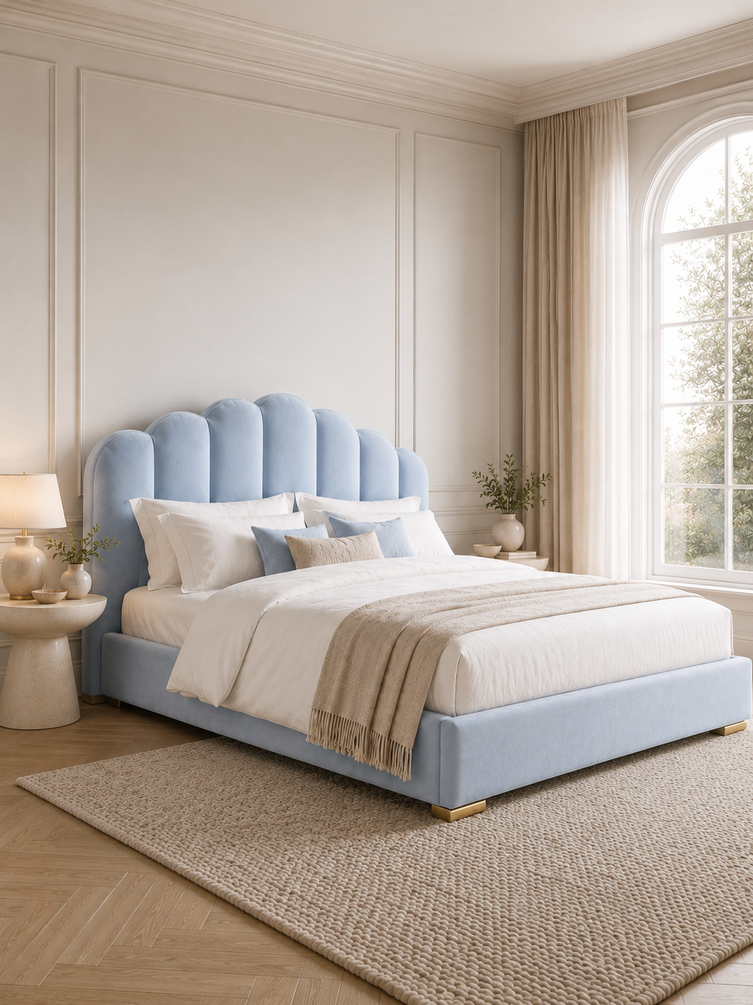 Luna Scalloped Shell Velvet Ottoman Storage Bed – Powder Blue shown from the side in a styled bedroom