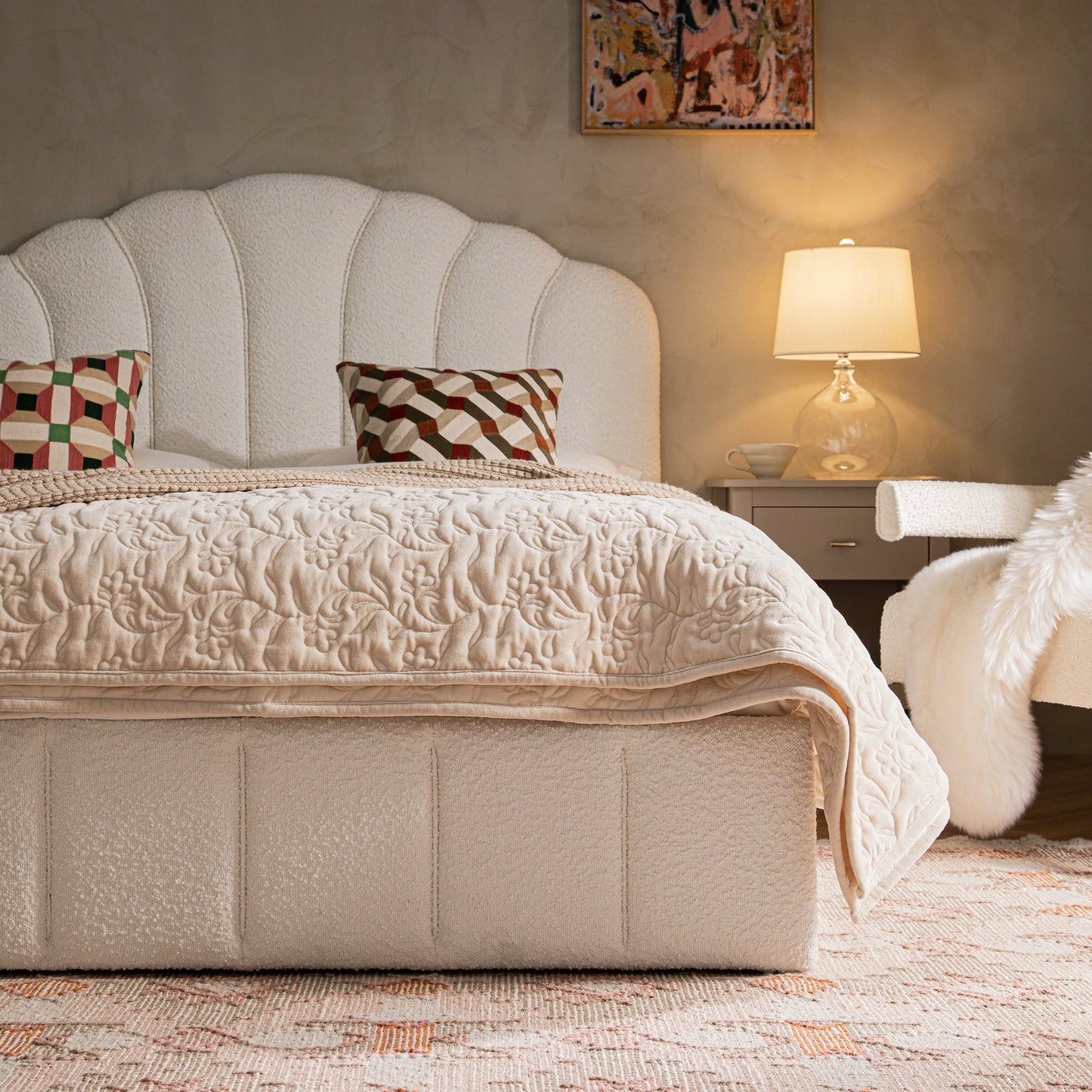 Hana Ottoman Bed with Storage, Ecru Boucle