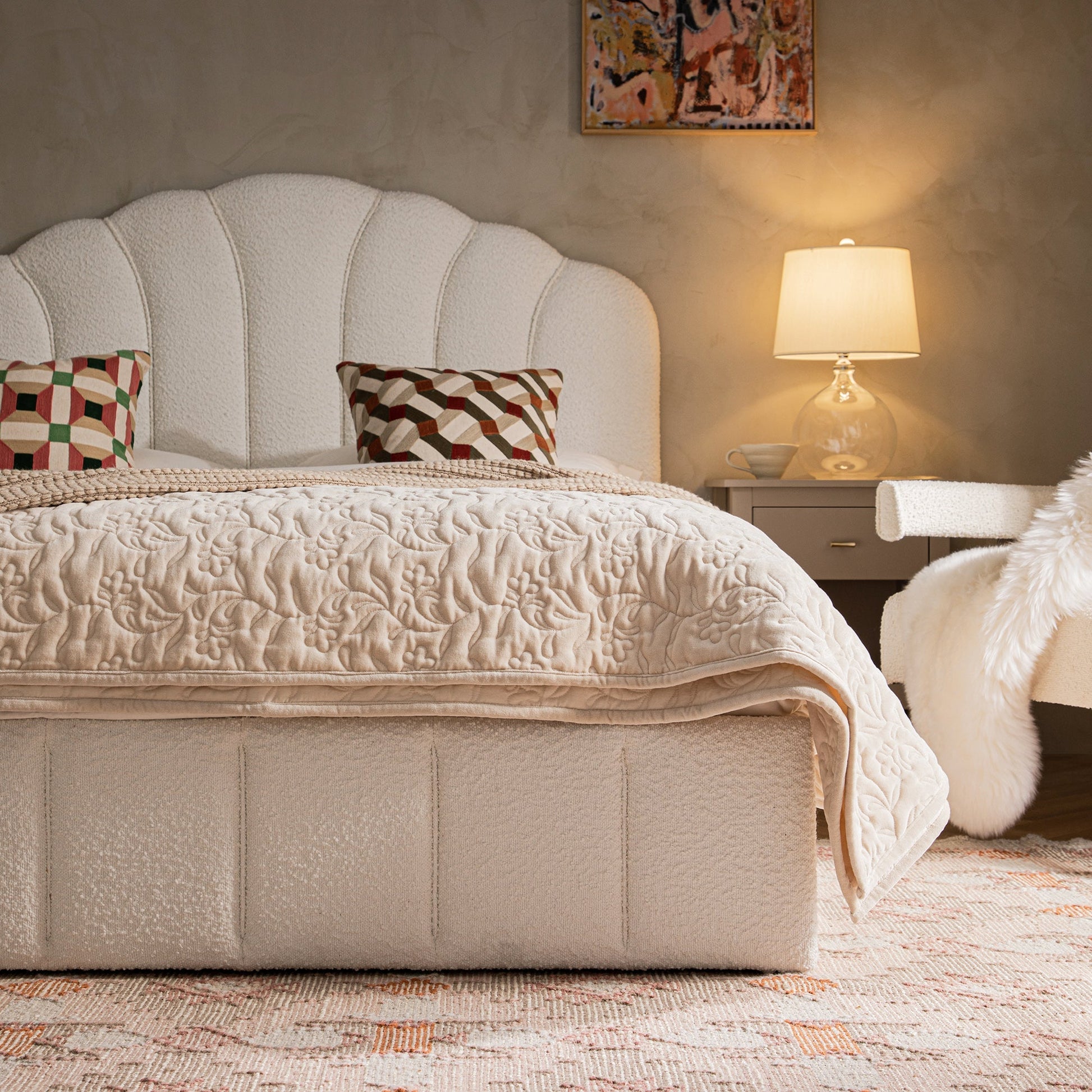 Hana Ottoman Bed with Storage, Ecru Boucle