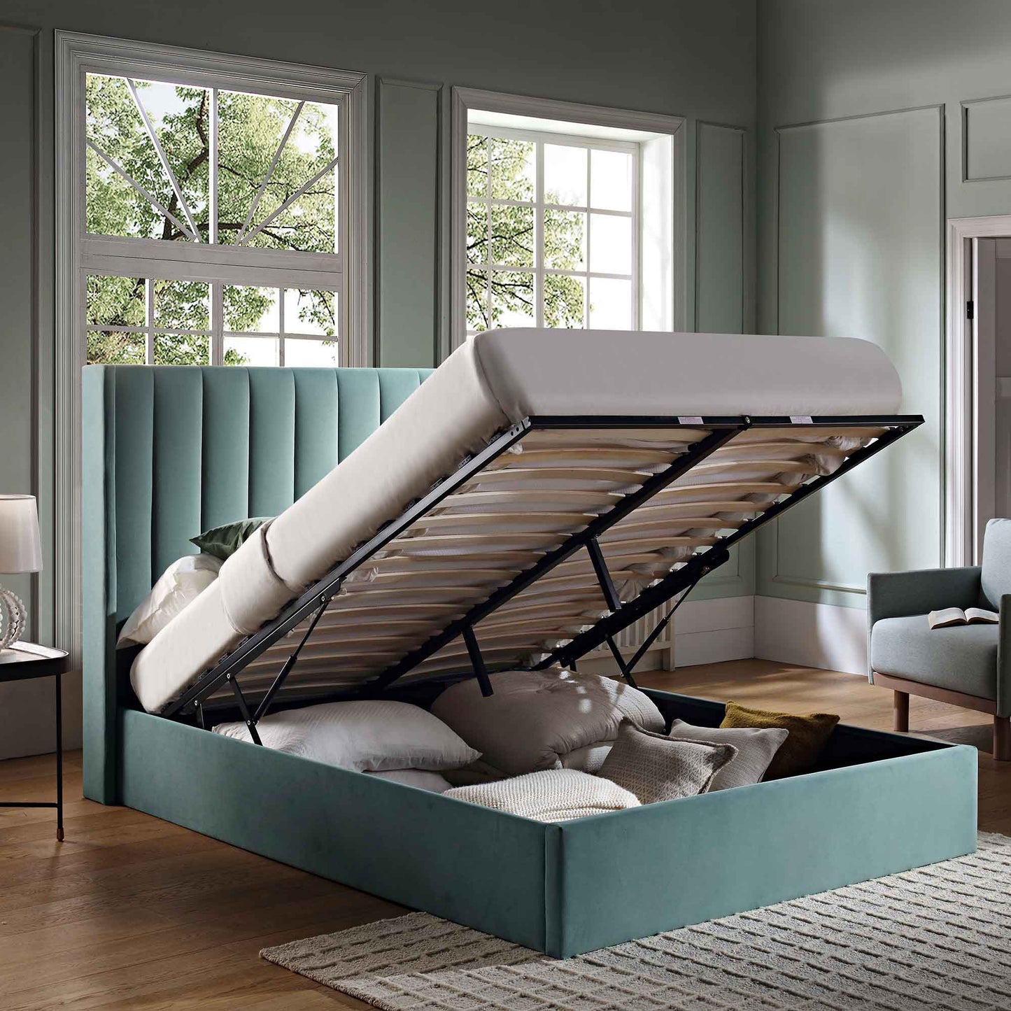 Wilton Seafoam Blue Velvet Ottoman Bed with Storage