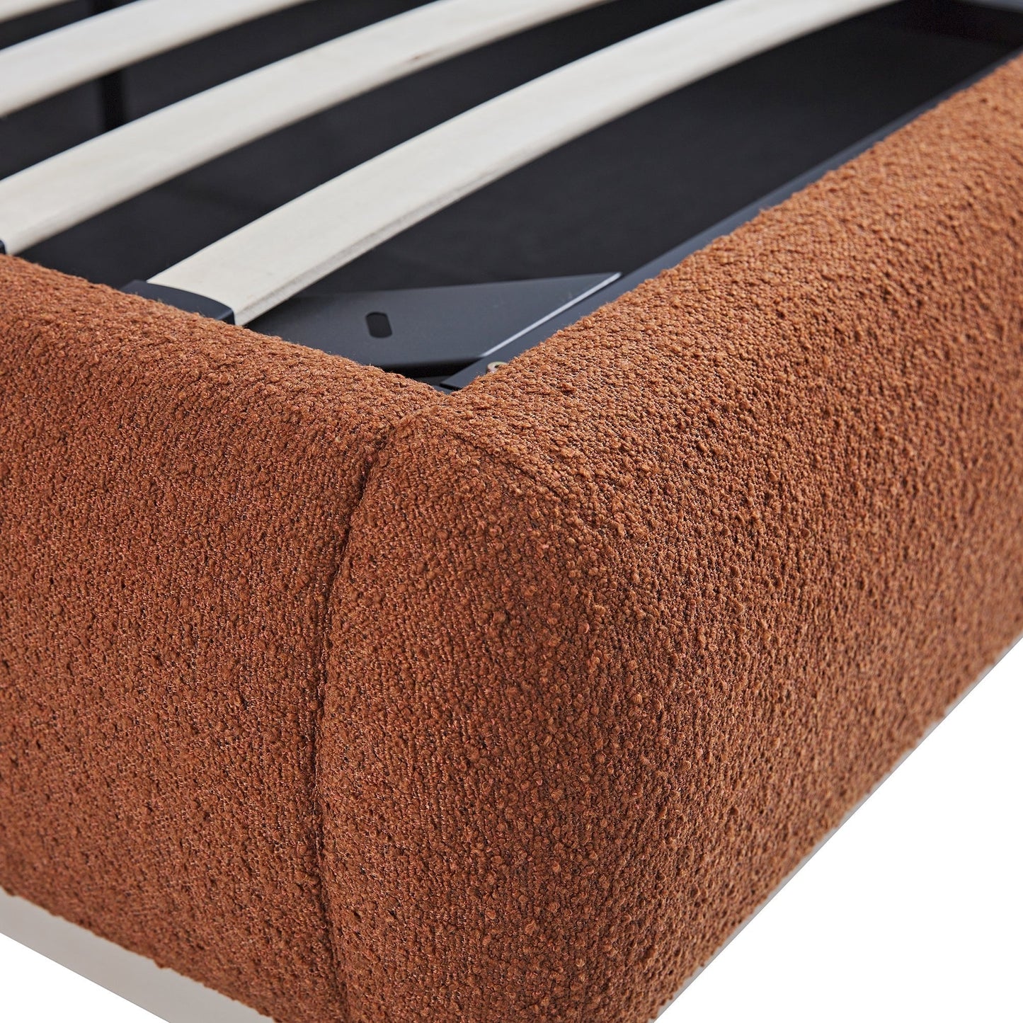 Luella Upholstered Wooden Plinth Base Bed with Storage, Rust Boucle