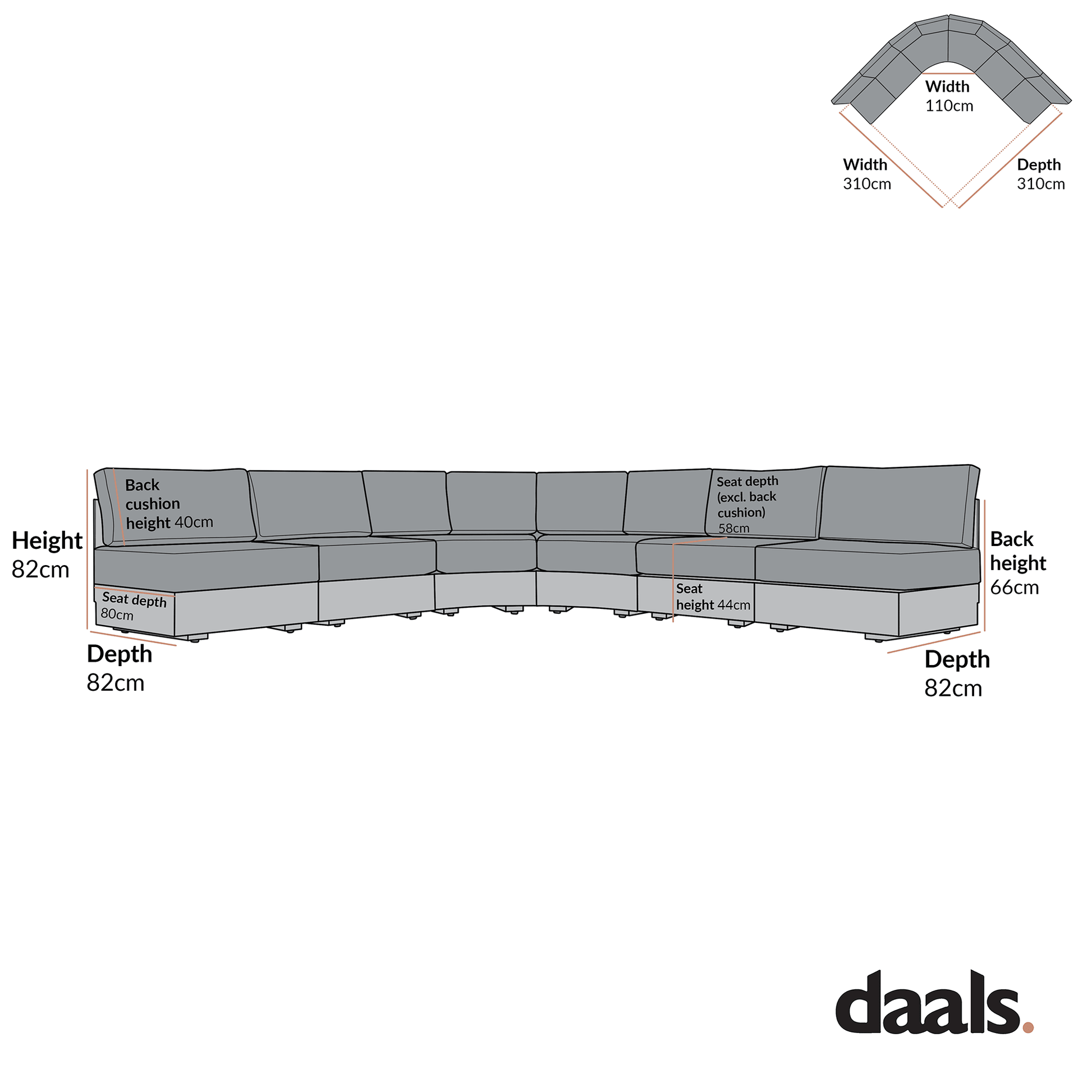 Jardin Aluminium Outdoor Modular 6-Piece Curved Corner Sofa Set, Granite