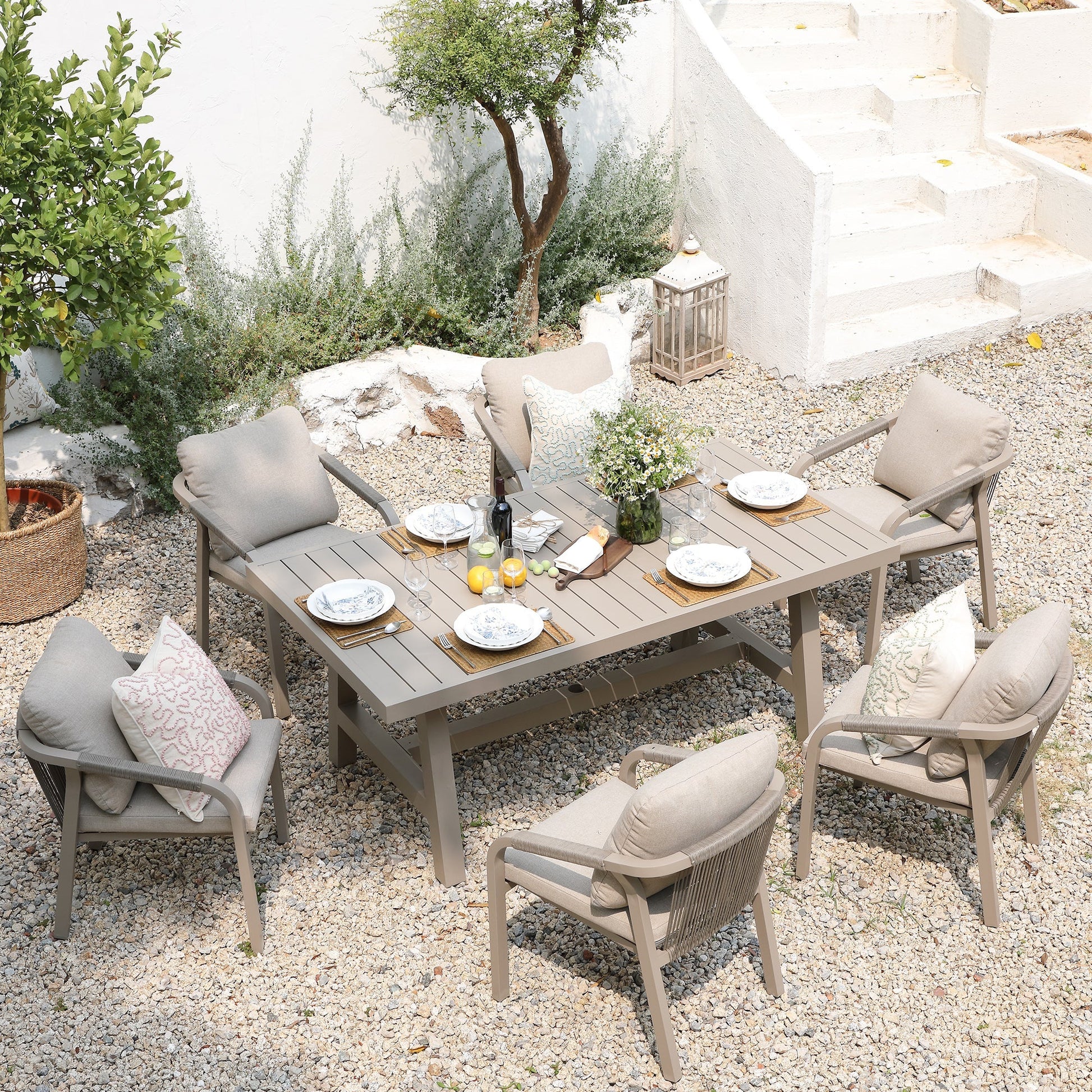 Manresa Rope 6-Seater Rectangular Garden Dining Set, Taupe and Beige