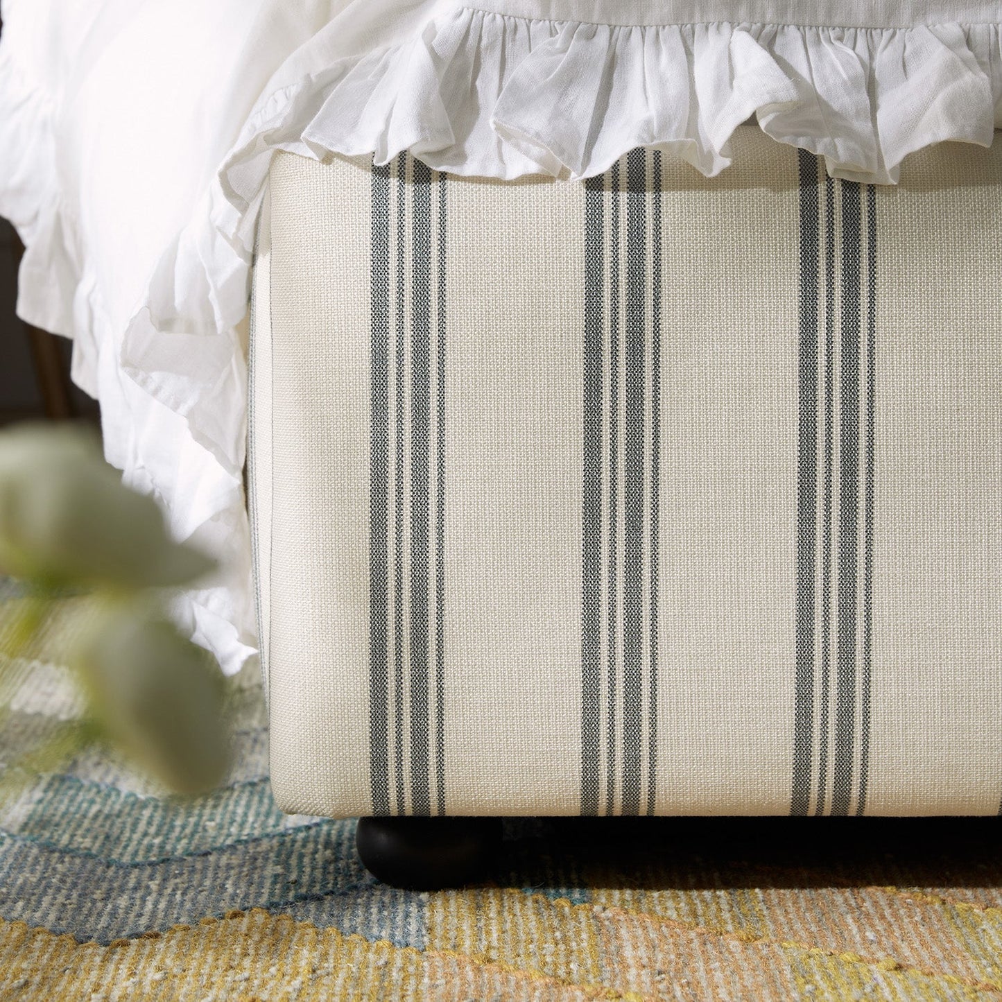 Celeste Upholstered Bed with Storage with Ruffled Headboard, Laurel Green Stripe