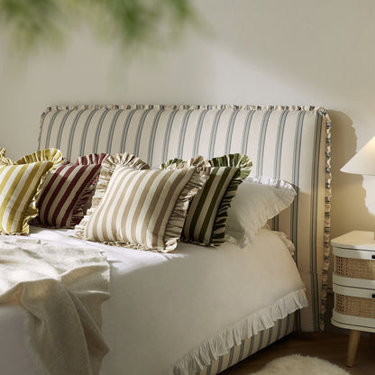 Celeste Upholstered Bed with Storage with Ruffled Headboard, Laurel Green Stripe