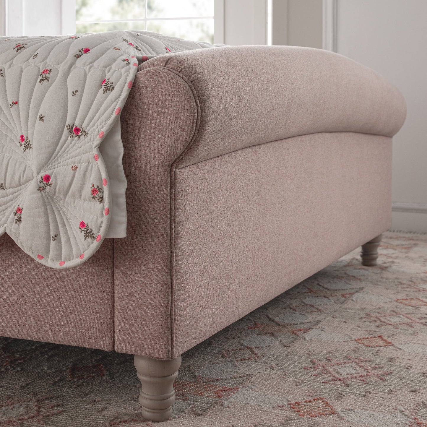 Porchester Ottoman Bed with Storage, Sleigh, Rosewater Pink Fabric