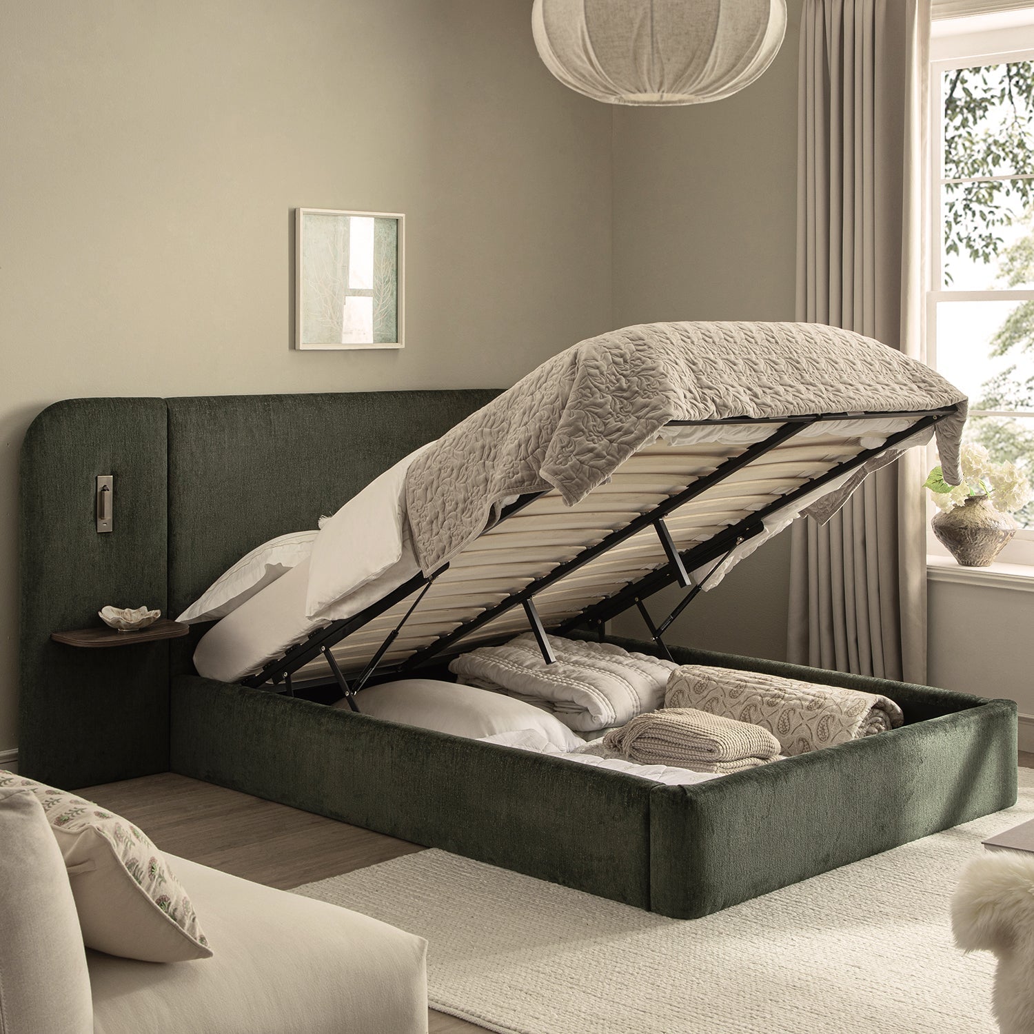 Della Extended Headboard Bed with Storage, Moss Green Chenille
