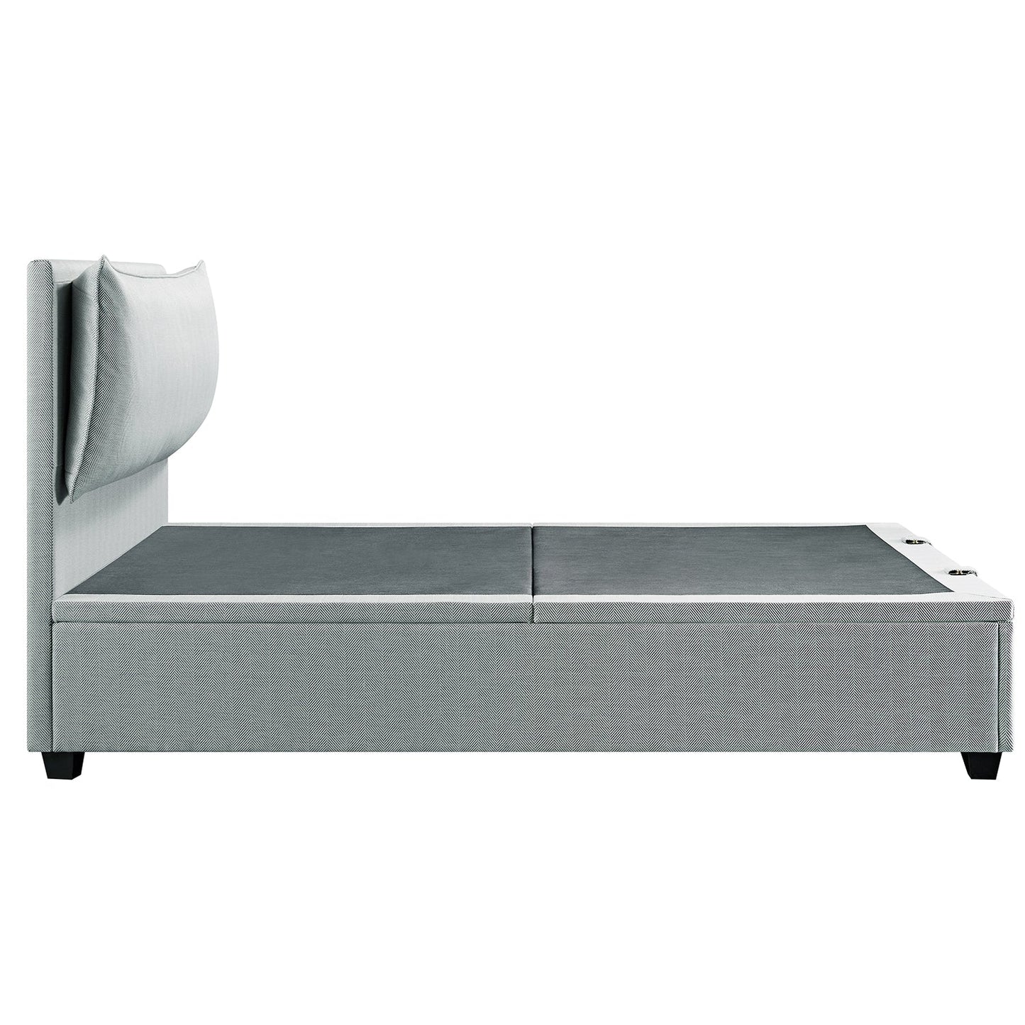 Kricia Upholstered Bed with Storage with Pillow Headboard, Slate Blue Chevron