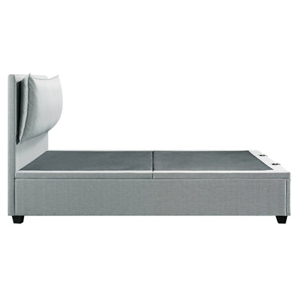 Kricia Upholstered Bed with Storage with Pillow Headboard, Slate Blue Chevron