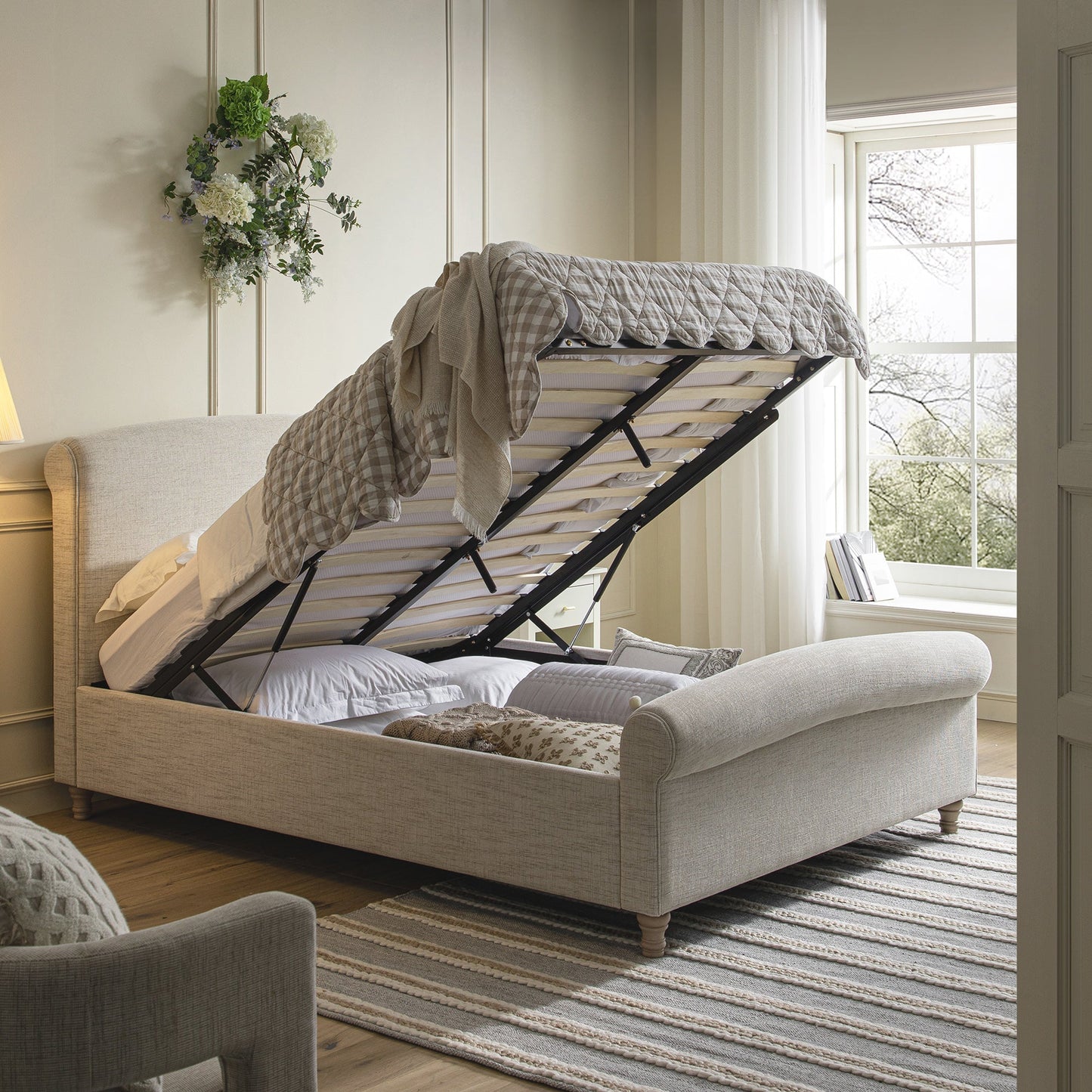 Porchester Ottoman Bed with Storage, Sleigh, Oatmeal Woven Textured Fabric