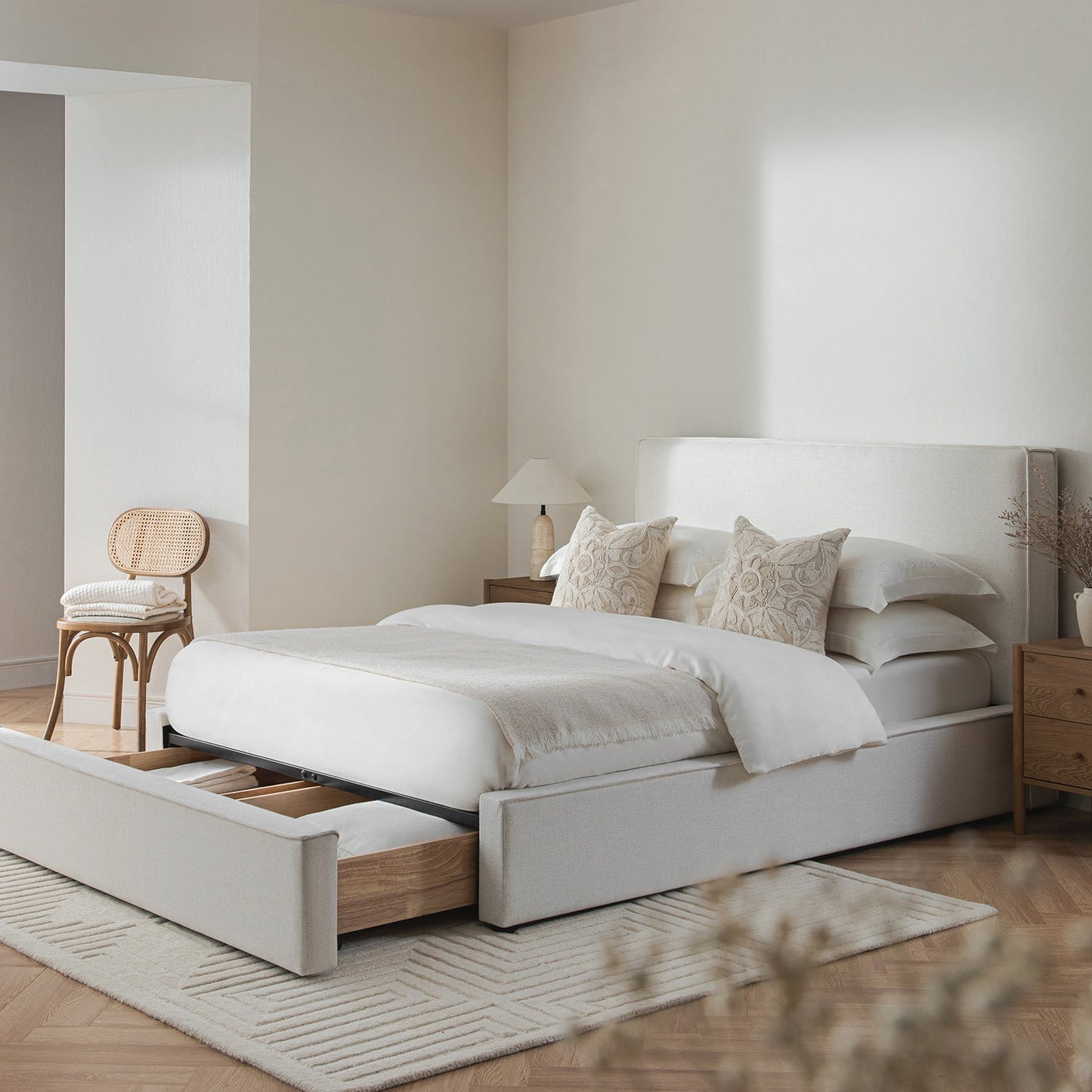 Forte Drawer Bed with Storage, Beige Linen Blend