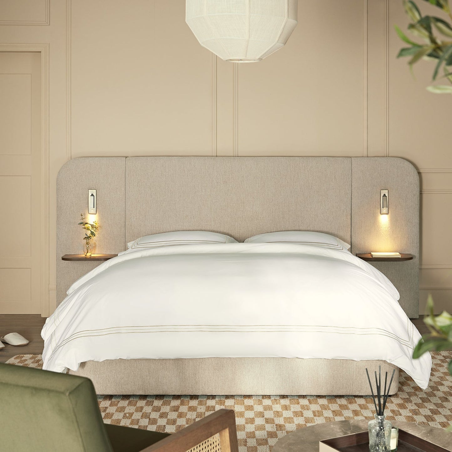 Della Extended Headboard Bed with Storage, Soft Beige Chenille